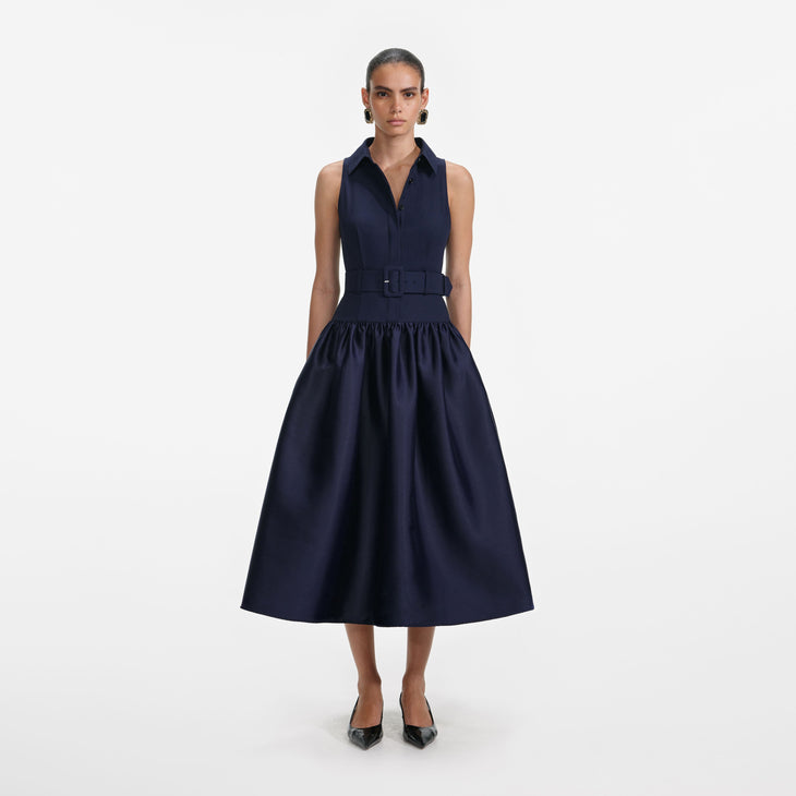 Navy sleeveless belted midi dress with full skirt and collar detail — Self-Portrait | Endless UAE