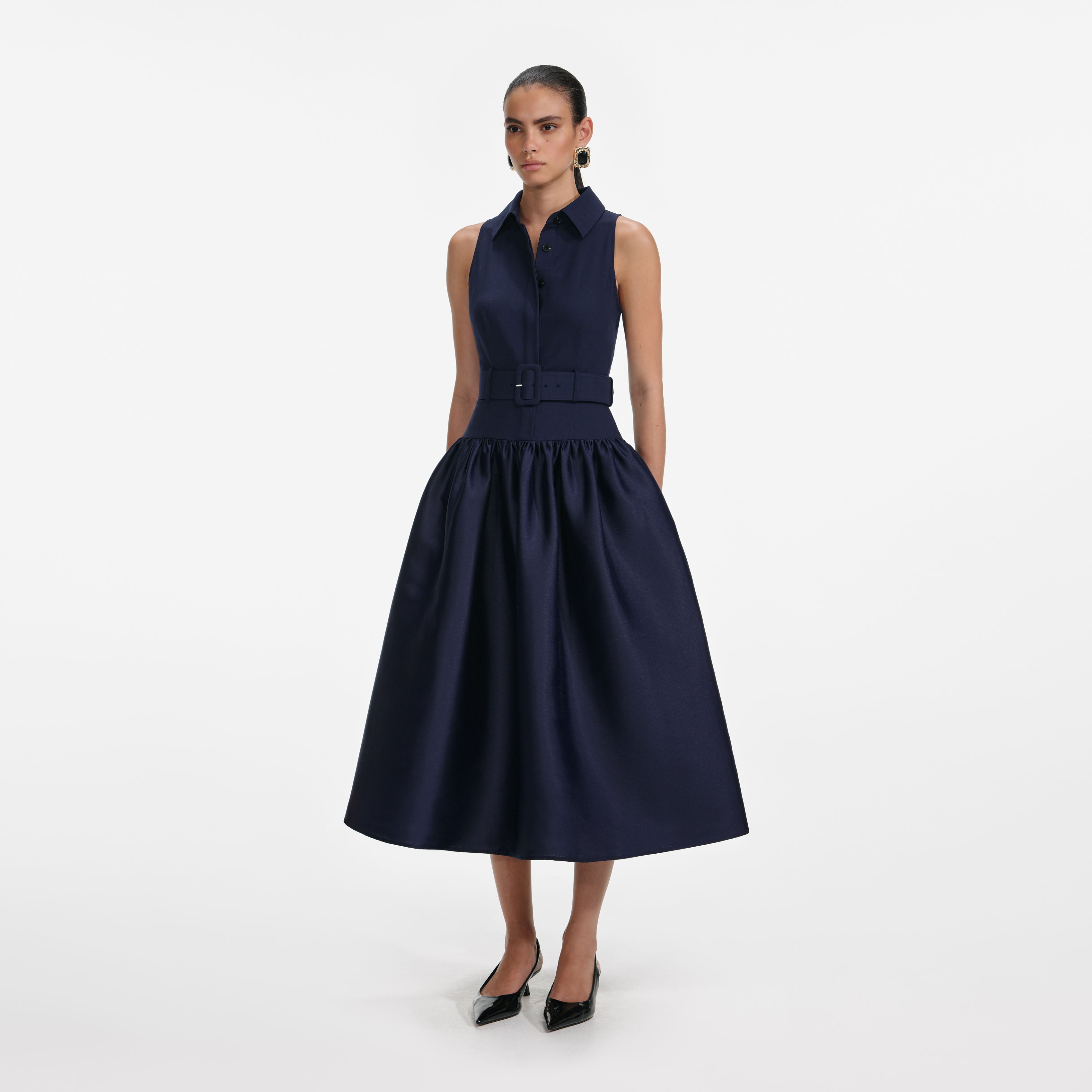 Navy sleeveless belted midi dress with full skirt and collar detail — Self-Portrait | Endless UAE