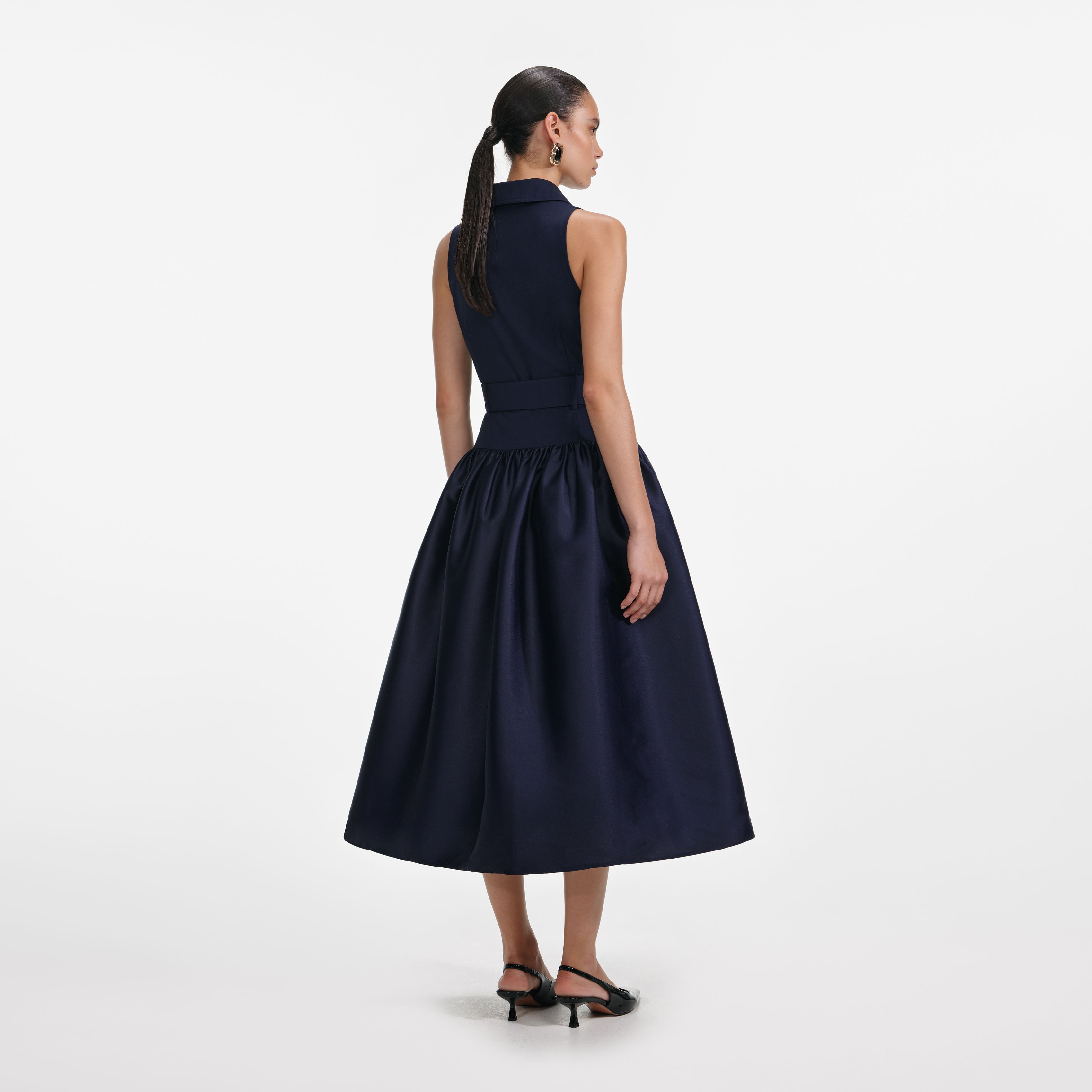 Navy sleeveless belted midi dress with full skirt and collar detail — Self-Portrait | Endless UAE