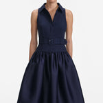 Navy sleeveless belted midi dress with full skirt and collar detail — Self-Portrait | Endless UAE