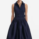 Navy sleeveless belted midi dress with full skirt and collar detail — Self-Portrait | Endless UAE