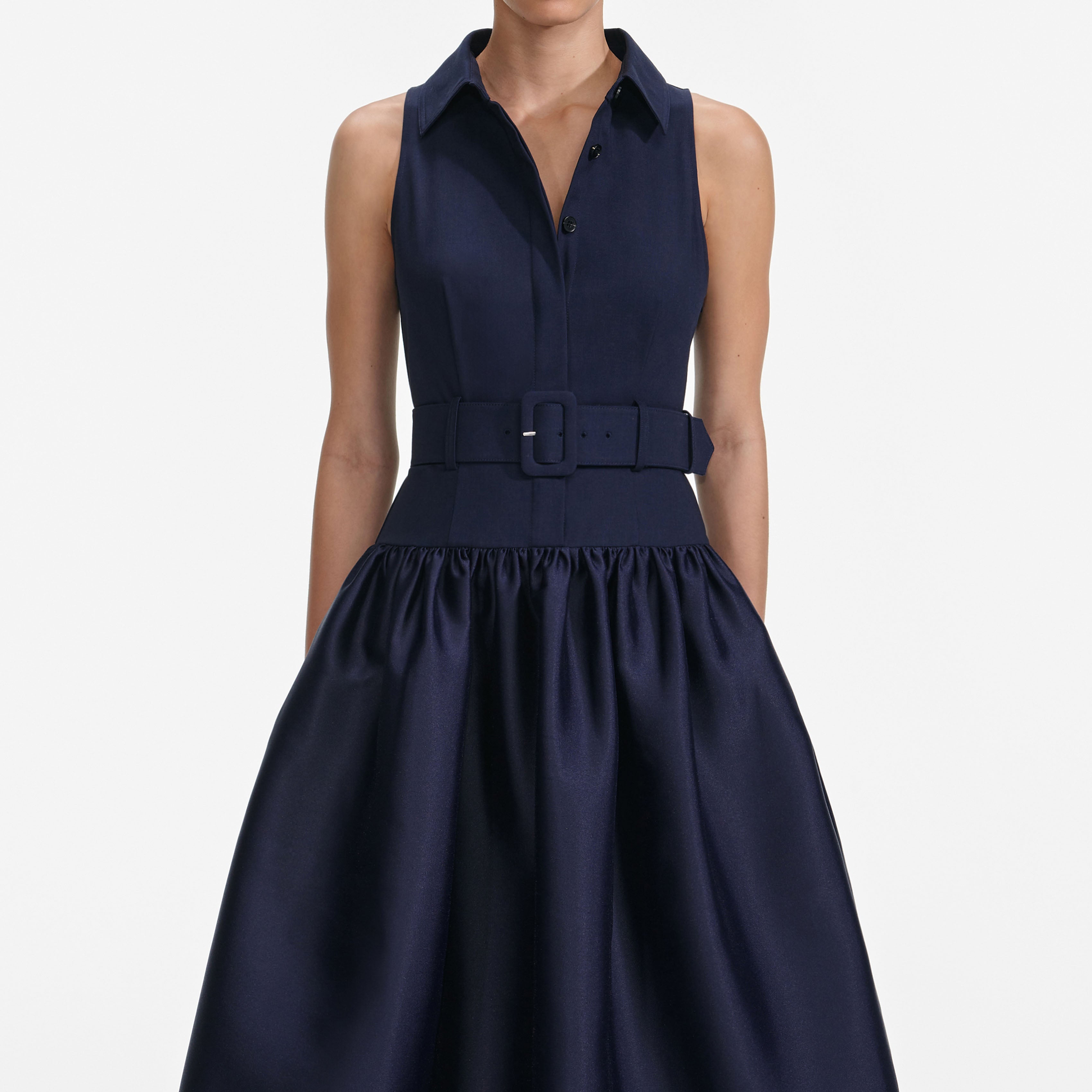 Navy sleeveless belted midi dress with full skirt and collar detail — Self-Portrait | Endless UAE