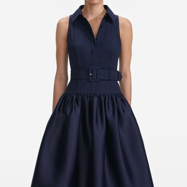 Navy sleeveless belted midi dress with full skirt and collar detail — Self-Portrait | Endless UAE