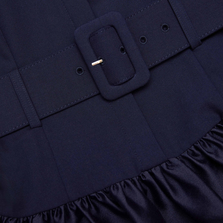 Navy sleeveless belted midi dress with full skirt and collar detail — Self-Portrait | Endless UAE
