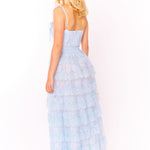Elegant light blue lace maxi dress with tiered ruffled skirt and delicate spaghetti straps — Amy Jane London | Endless UAE