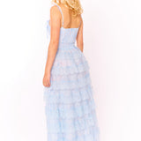 Elegant light blue lace maxi dress with tiered ruffled skirt and delicate spaghetti straps — Amy Jane London | Endless UAE