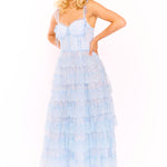Light blue tiered lace maxi dress with corset bodice and ruffle straps — Amy Jane London | Endless UAE