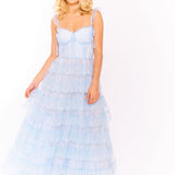 Light blue lace tiered maxi dress with corset bodice and ruffle straps — Amy Jane London | Endless UAE