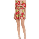 Floral guipure lace playsuit with off-shoulder ruffled sleeves in red, pink and green — Alice + Olivia | Endless UAE
