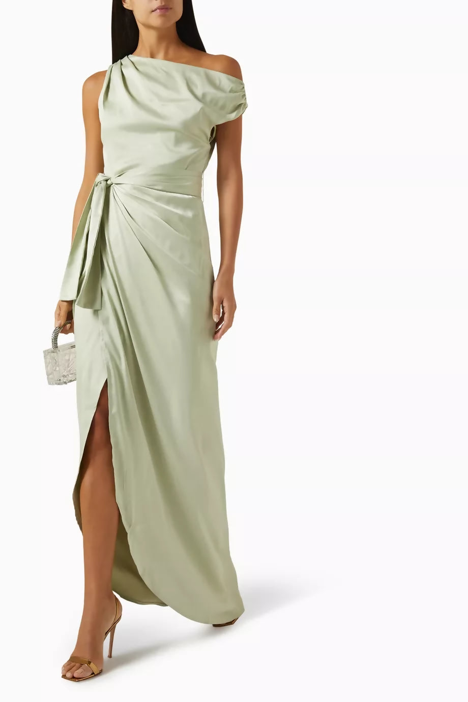 Woman wearing sage green off-shoulder draped maxi dress with belt — Endless | Endless UAE