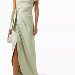 Woman wearing sage green off-shoulder draped maxi dress with belt — Endless | Endless UAE