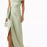 Woman wearing sage green off-shoulder draped maxi dress with belt — Endless | Endless UAE