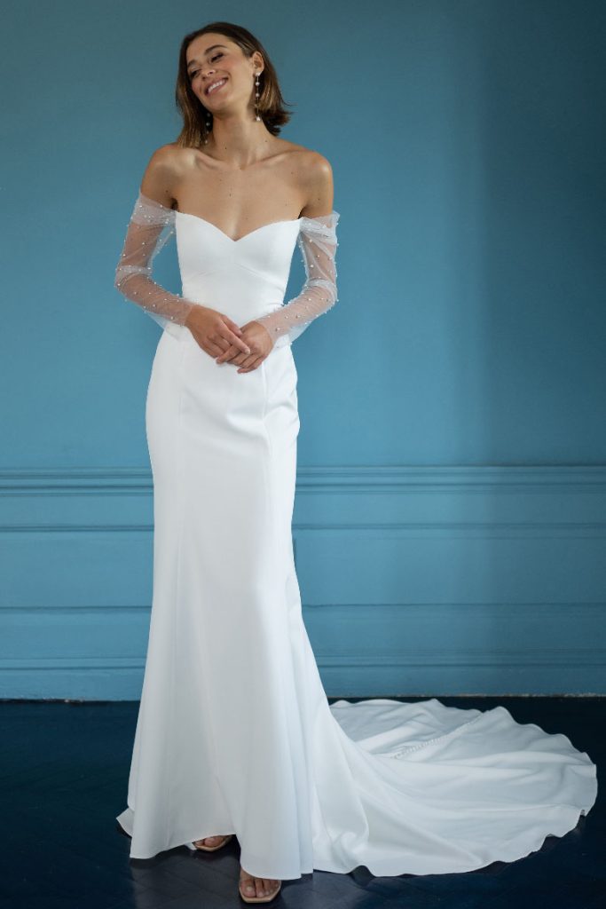 Alexandra off-shoulder white wedding dress with beaded sleeves and train — You&I | Endless UAE