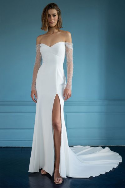 Alexandra off-shoulder white wedding dress with beaded sleeves and train — You&I | Endless UAE