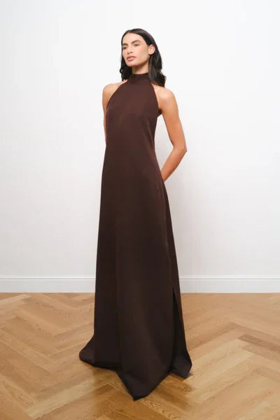 Elegant brown sleeveless maxi dress with high neckline and A-line silhouette — Amara Grace | Endless UAE