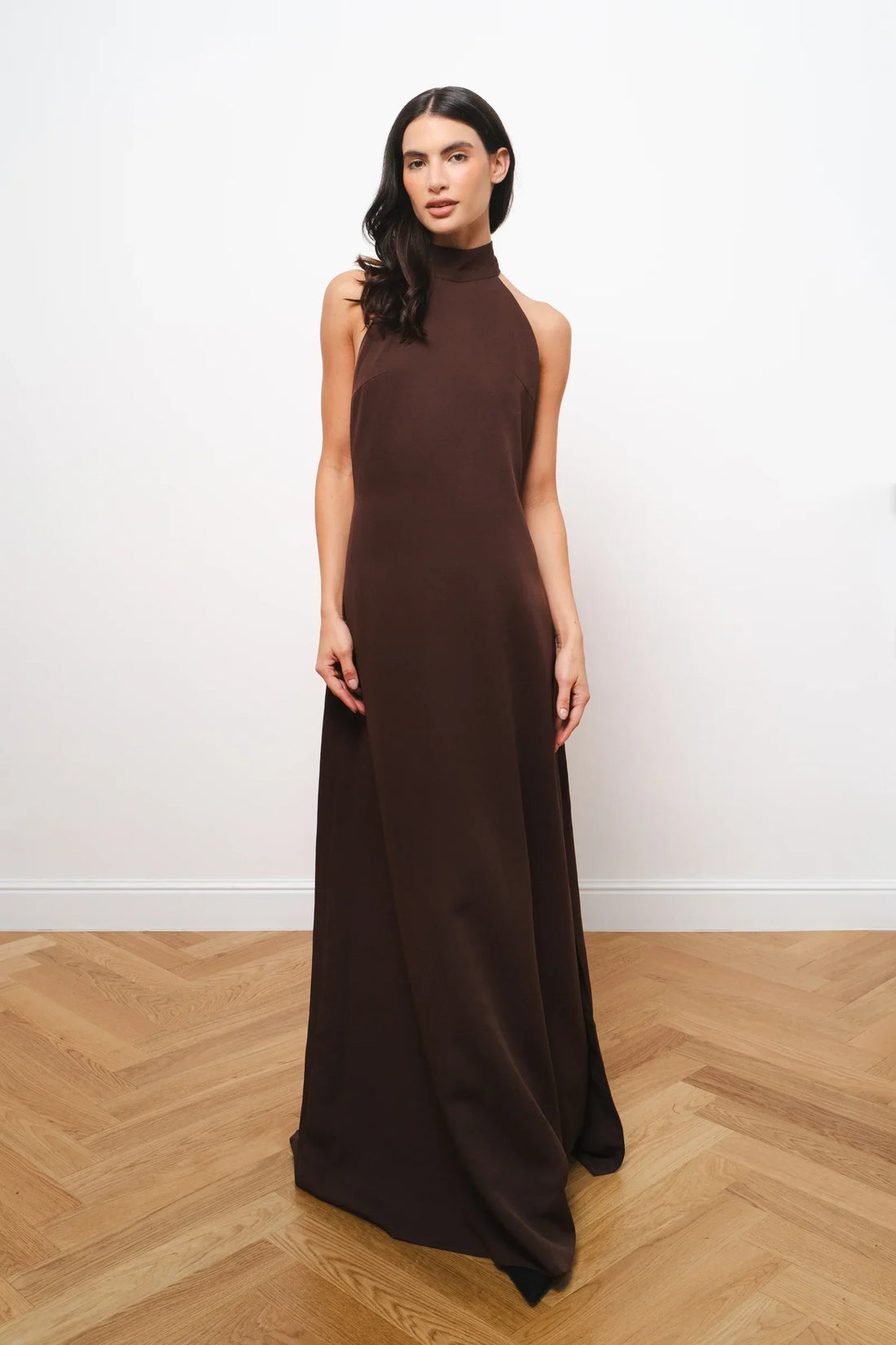 Elegant sleeveless brown maxi dress with high turtleneck and floor-length silhouette — Amara Grace | Endless UAE