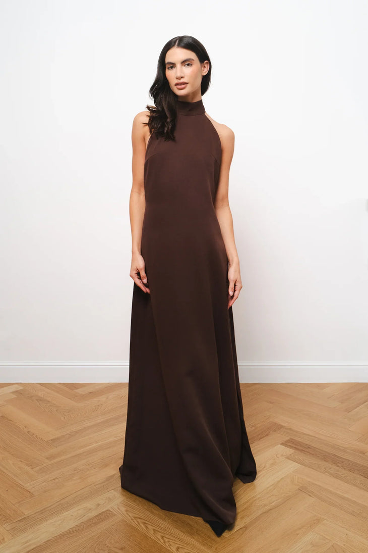 Elegant sleeveless brown maxi dress with high turtleneck and floor-length silhouette — Amara Grace | Endless UAE