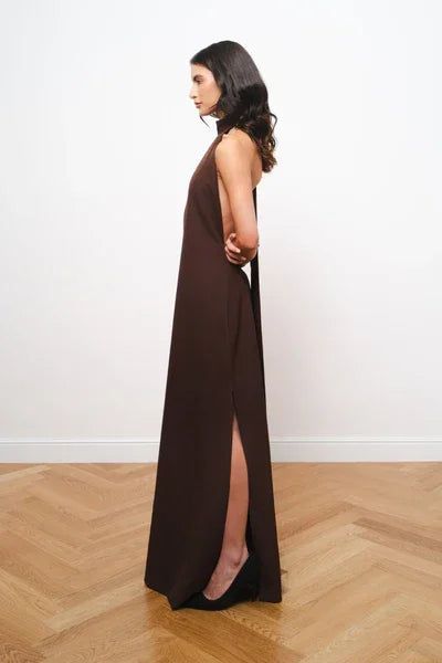 Chocolate brown sleeveless maxi dress with side slit, floor-length silhouette — Amara Grace | Endless UAE