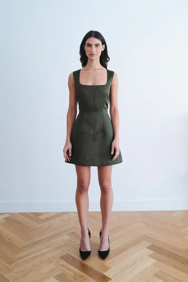 Olive green sleeveless mini dress with square neckline and A-line skirt — Amara Grace | Endless UAE