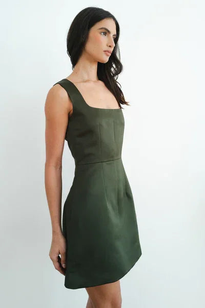 Monica Mini Dress in olive green with square neckline and fitted silhouette — Amara Grace | Endless UAE