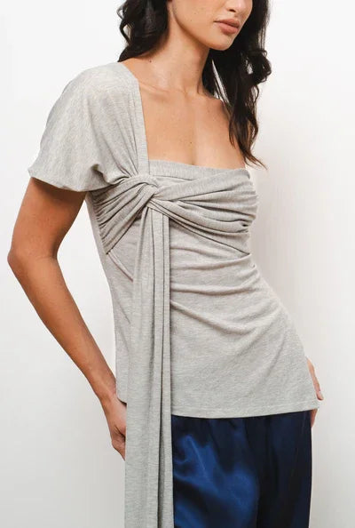 Grey twisted front top with short sleeves and square neckline — Amara Grace | Endless UAE