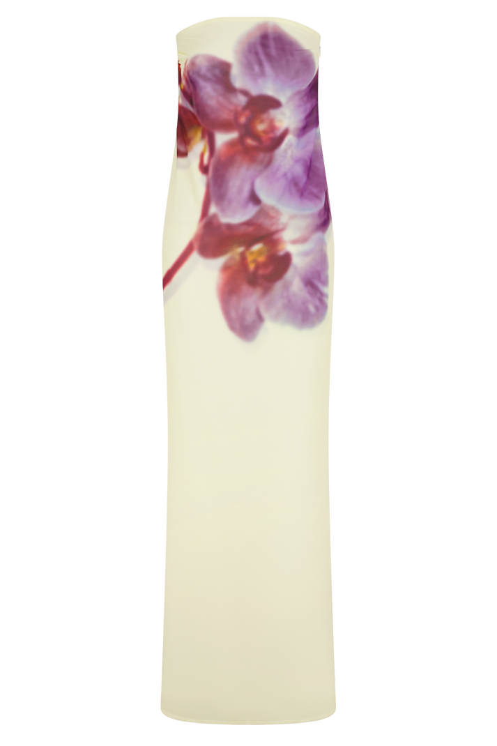 Strapless cream chiffon maxi dress with purple orchid floral print at bodice — Meshki | Endless UAE