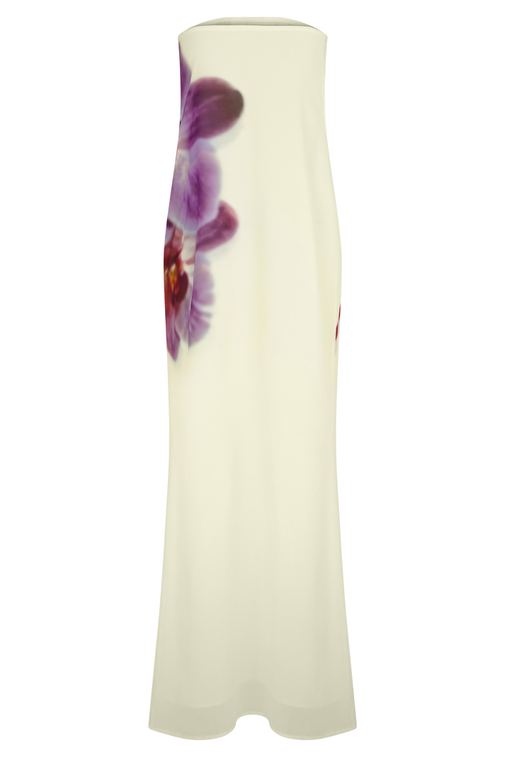 Cream strapless chiffon maxi dress with purple floral print and fitted bodice — Meshki | Endless UAE
