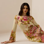 Sama Long Dress in cream floral print with bell sleeves — Hemant & Nandita | Endless UAE