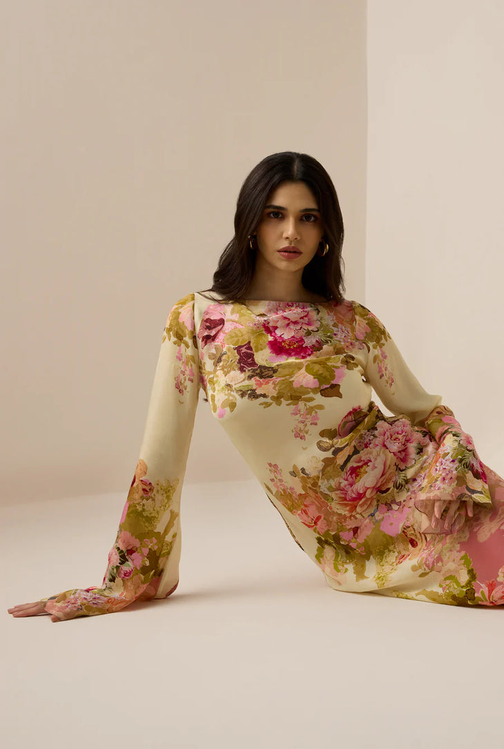 Sama Long Dress in cream floral print with bell sleeves — Hemant & Nandita | Endless UAE