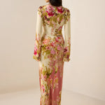 Sama Long Dress in cream floral print with bell sleeves — Hemant & Nandita | Endless UAE