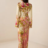 Sama Long Dress in cream floral print with bell sleeves — Hemant & Nandita | Endless UAE