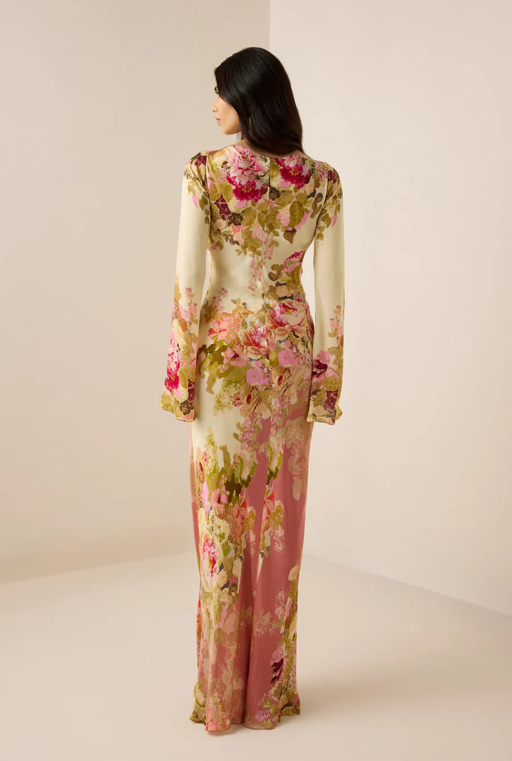 Sama Long Dress in cream floral print with bell sleeves — Hemant & Nandita | Endless UAE
