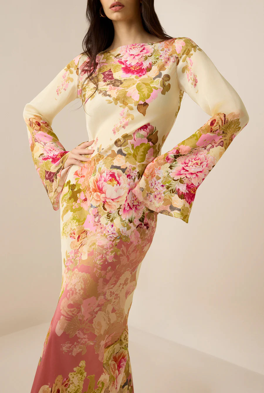 Sama Long Dress in cream floral print with bell sleeves — Hemant & Nandita | Endless UAE