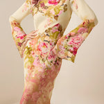 Sama Long Dress in cream floral print with bell sleeves — Hemant & Nandita | Endless UAE