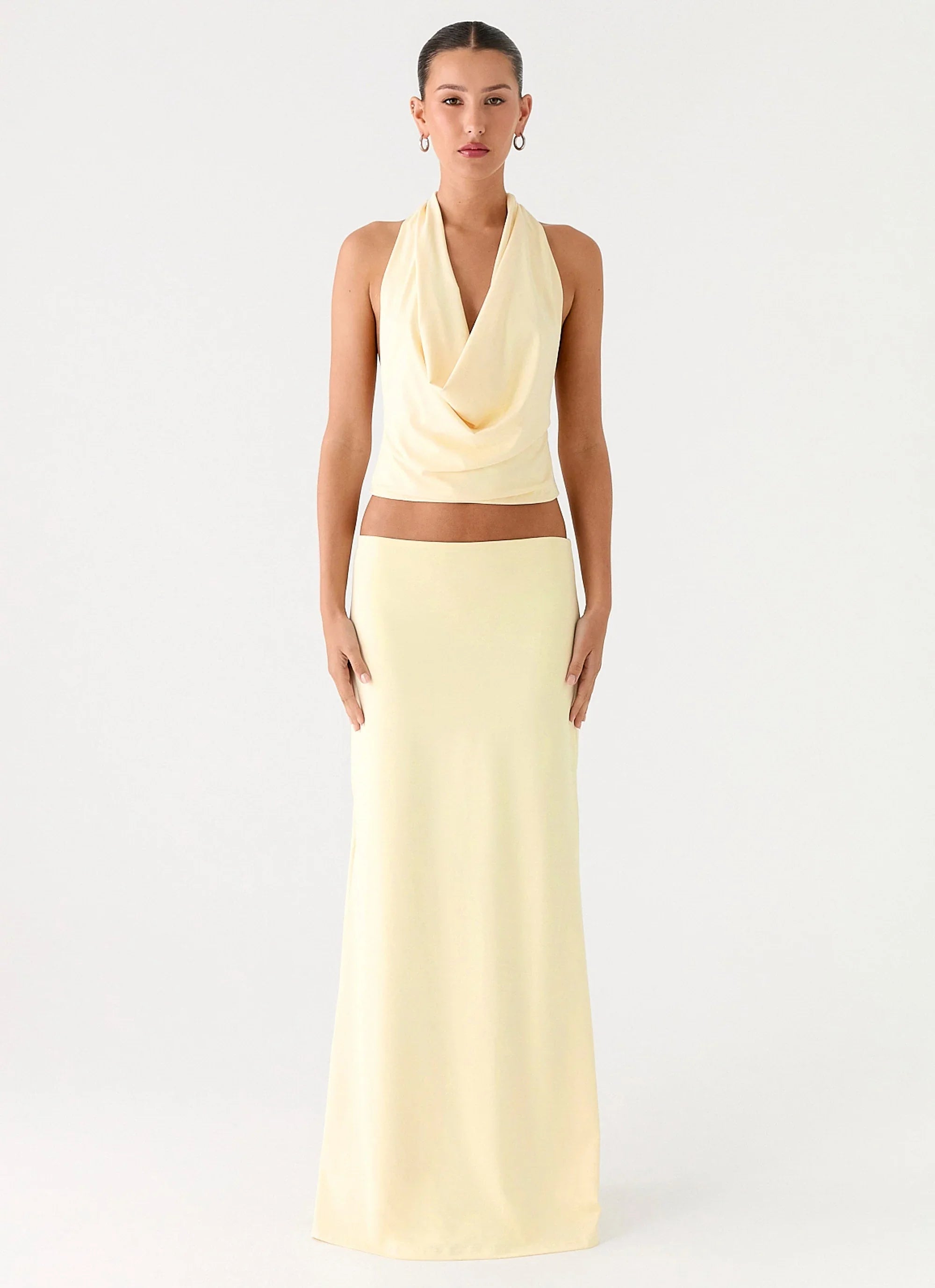 Pale yellow halter crop top and maxi skirt co-ord set — Peppermayo | Endless UAE