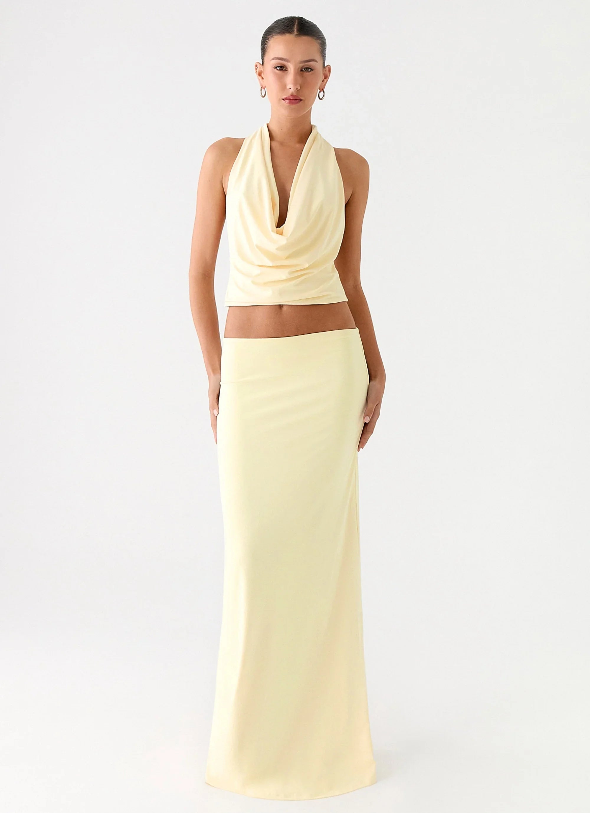 Pale yellow halter crop top and maxi skirt co-ord set — Peppermayo | Endless UAE