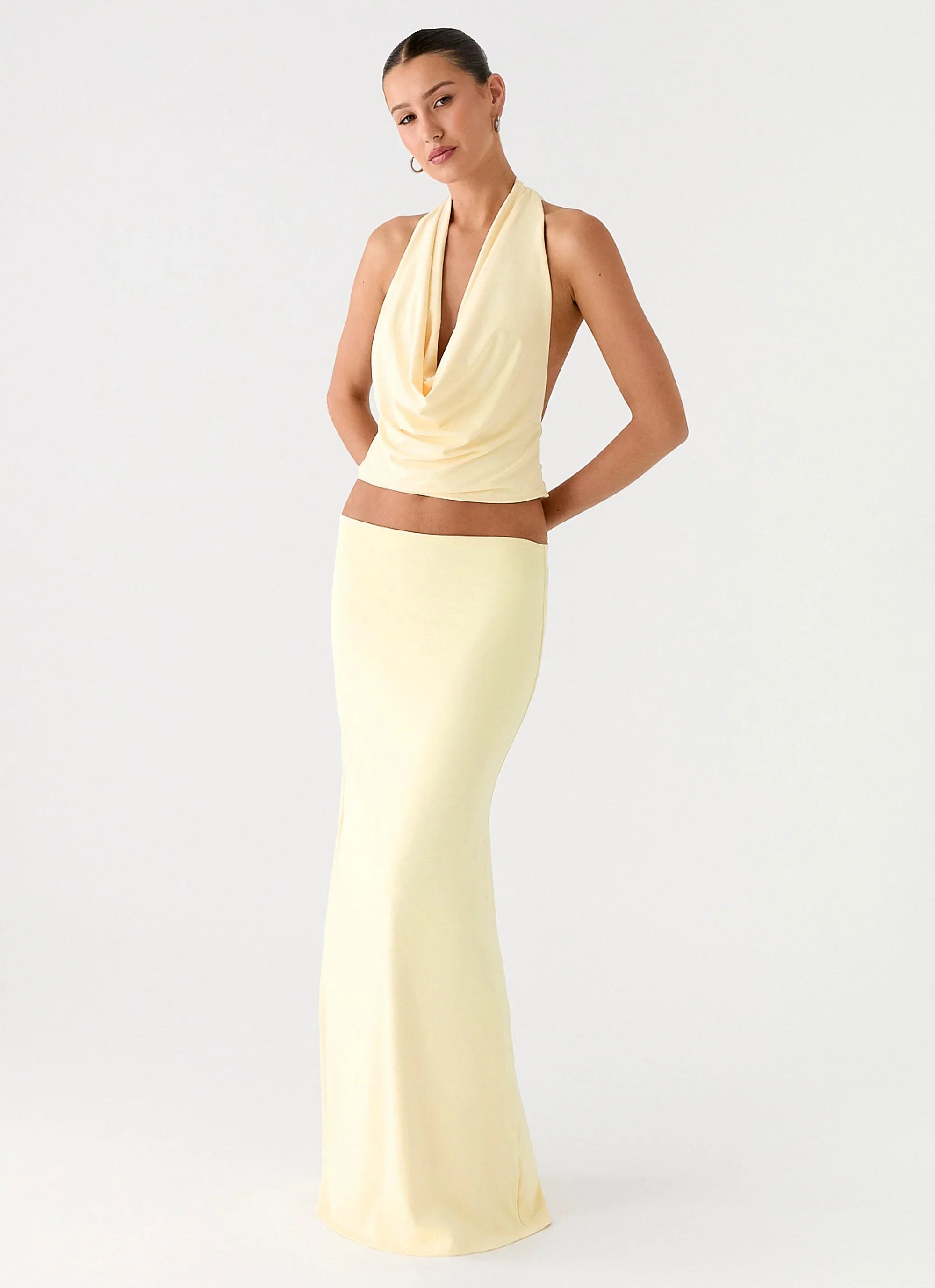 Pale yellow halter crop top and maxi skirt co-ord set — Peppermayo | Endless UAE