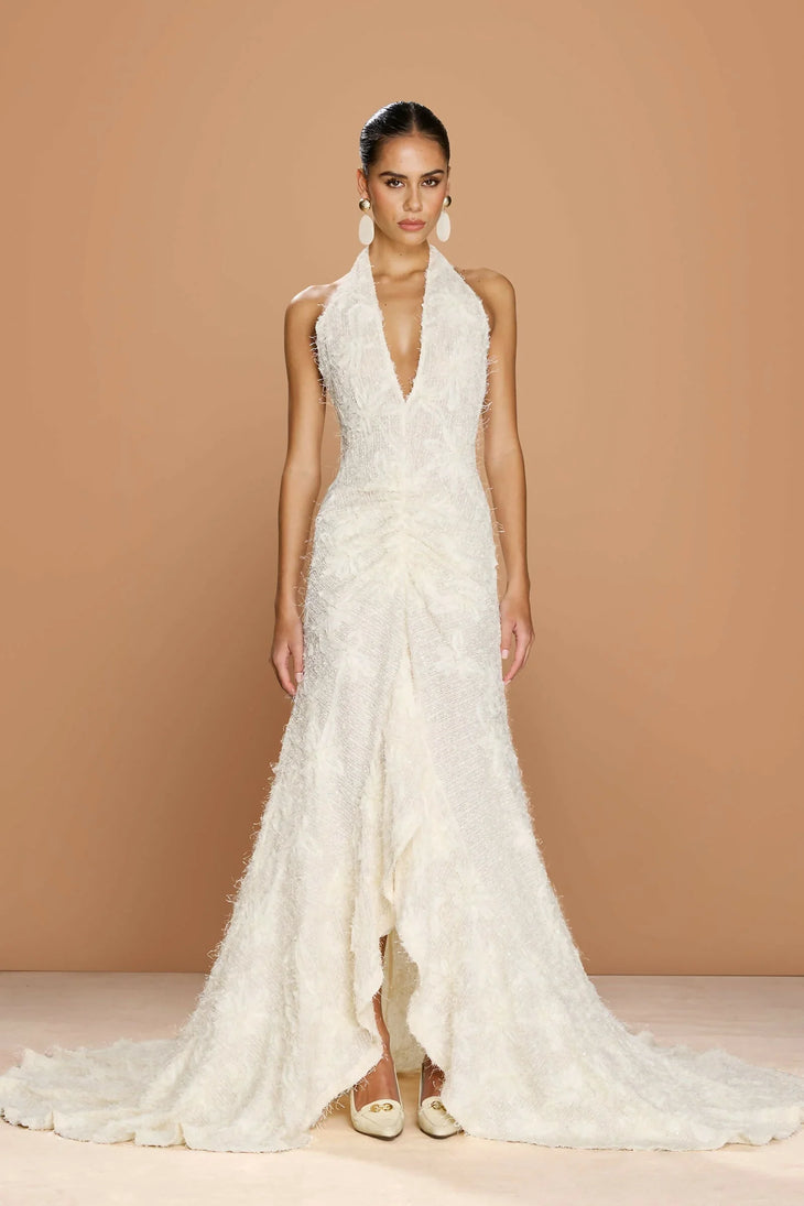 Noorah Gown white halter neck beaded wedding dress with high-low hem — Sonya Moda | Endless UAE