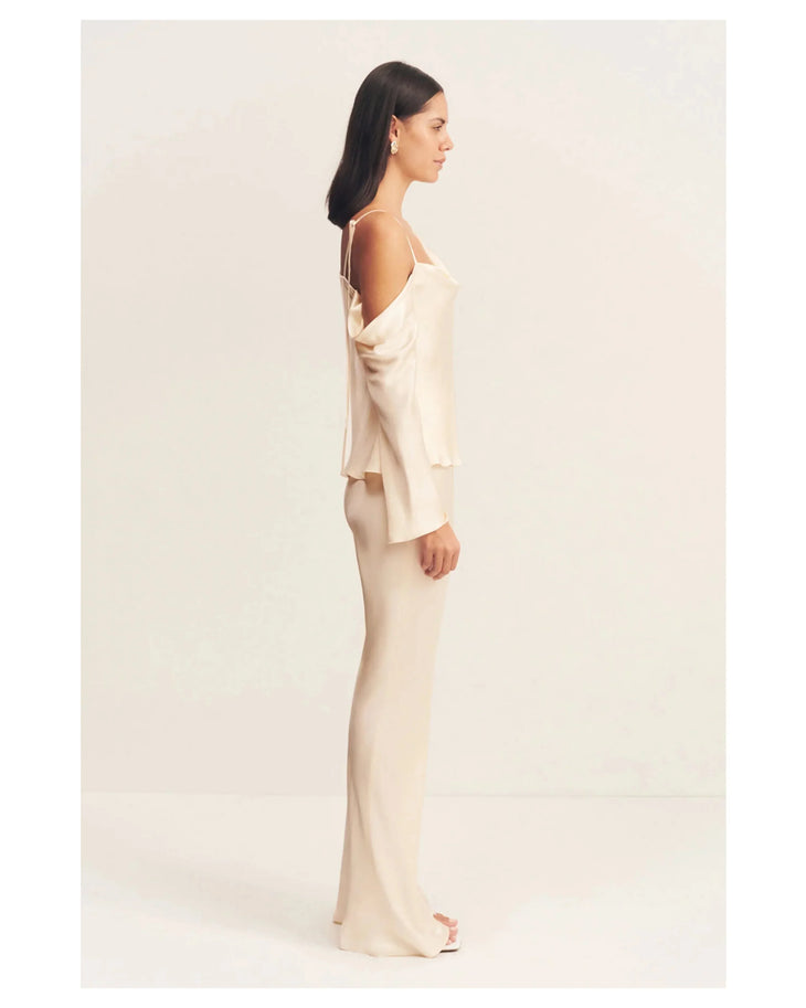 Lune Asymmetrical Long Sleeve Top in cream with cold shoulder detail — Shona Joy | Endless UAE