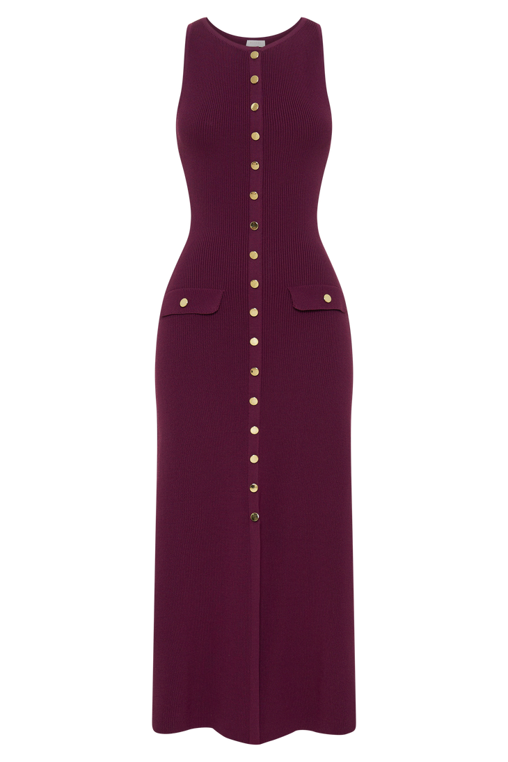 Burgundy ribbed sleeveless maxi dress with gold button-front closure and pocket details — Meshki | Endless UAE