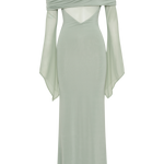 Sage green one shoulder maxi dress with draped mesh sleeves and cutout details — Meshki | Endless UAE