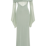 Sage green one shoulder maxi dress with draped mesh sleeves and cutout details — Meshki | Endless UAE