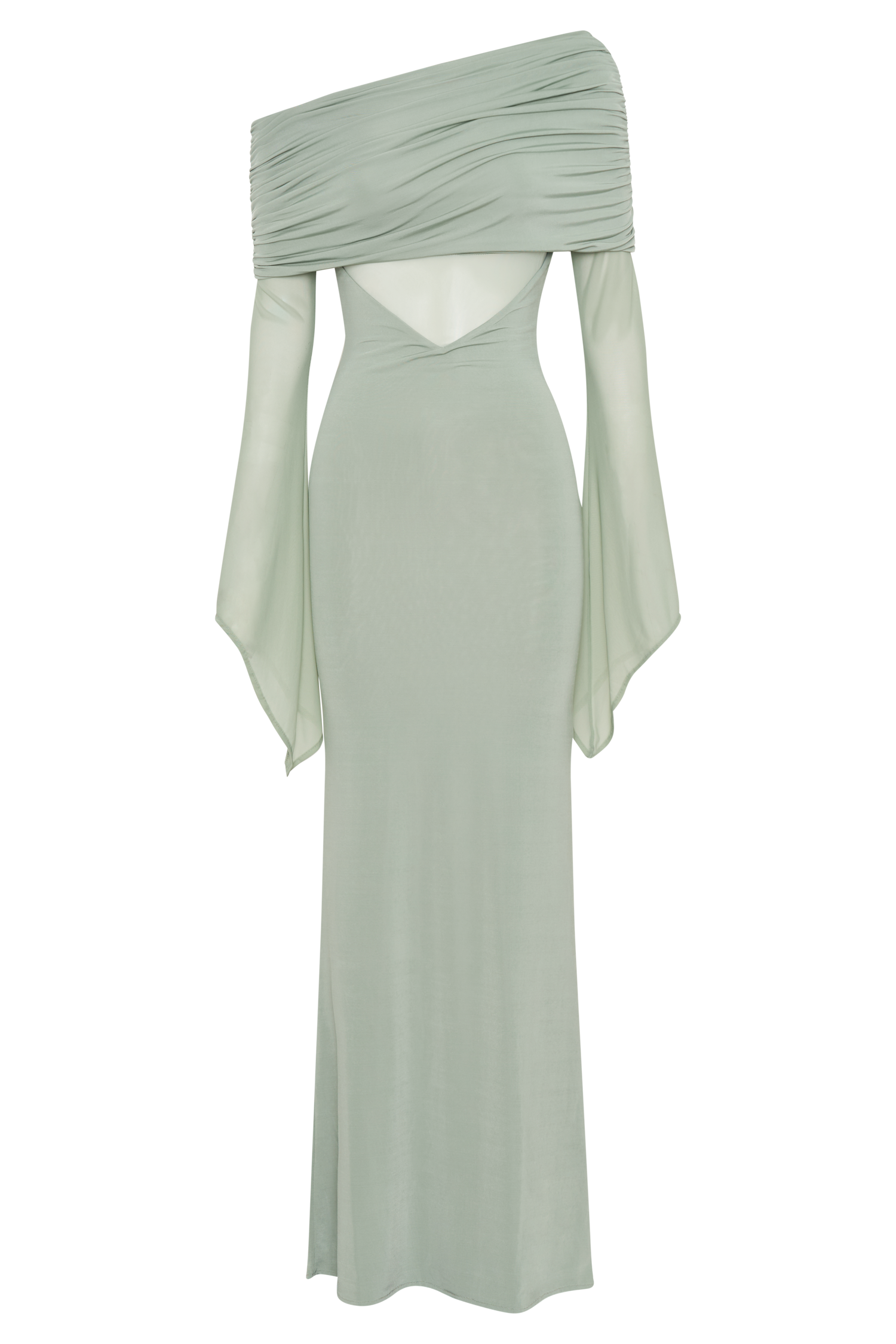 Sage green one shoulder maxi dress with draped mesh sleeves and cutout details — Meshki | Endless UAE