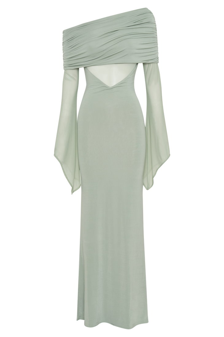 Sage green one shoulder maxi dress with draped mesh sleeves and cutout details — Meshki | Endless UAE