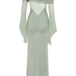 Sage green one shoulder maxi dress with draped mesh sleeves and cutout details — Meshki | Endless UAE