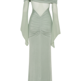 Sage green one shoulder maxi dress with draped mesh sleeves and cutout details — Meshki | Endless UAE