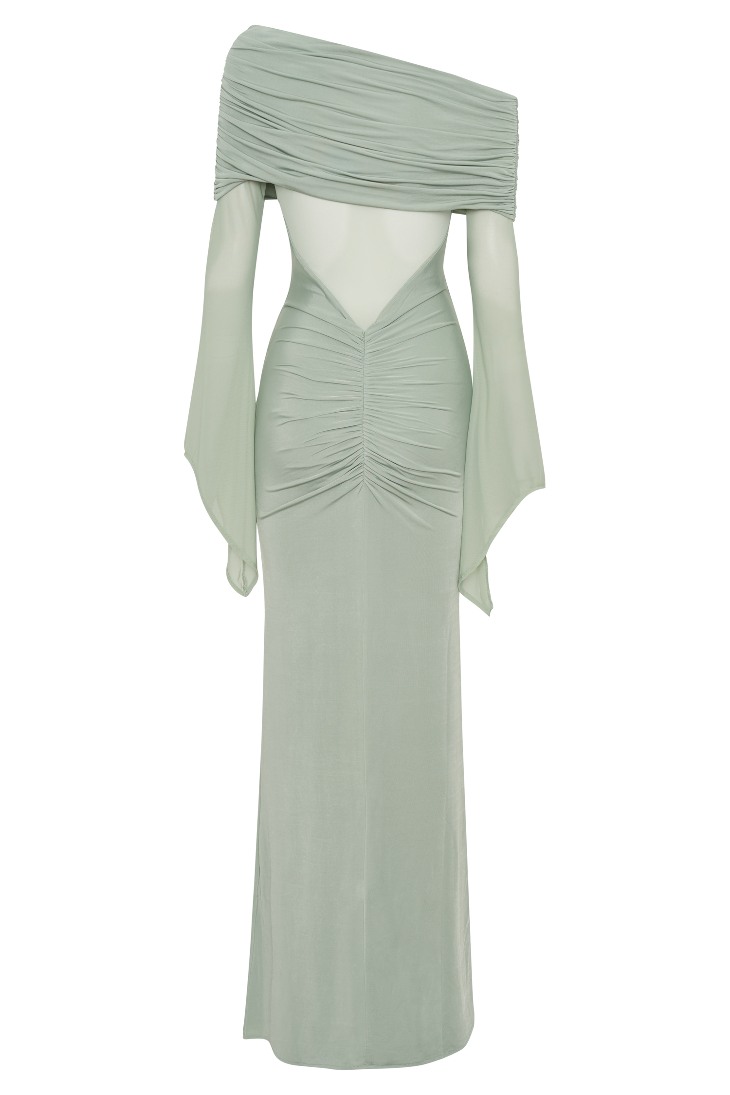 Sage green one shoulder maxi dress with draped mesh sleeves and cutout details — Meshki | Endless UAE