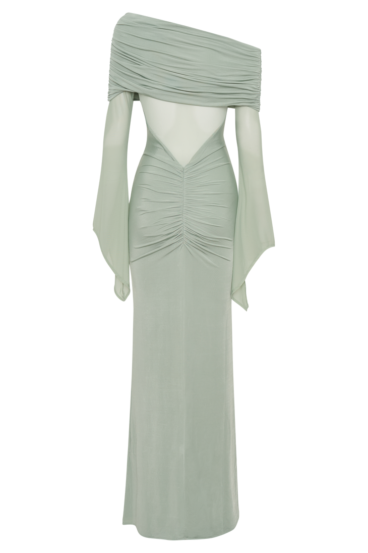 Sage green one shoulder maxi dress with draped mesh sleeves and cutout details — Meshki | Endless UAE
