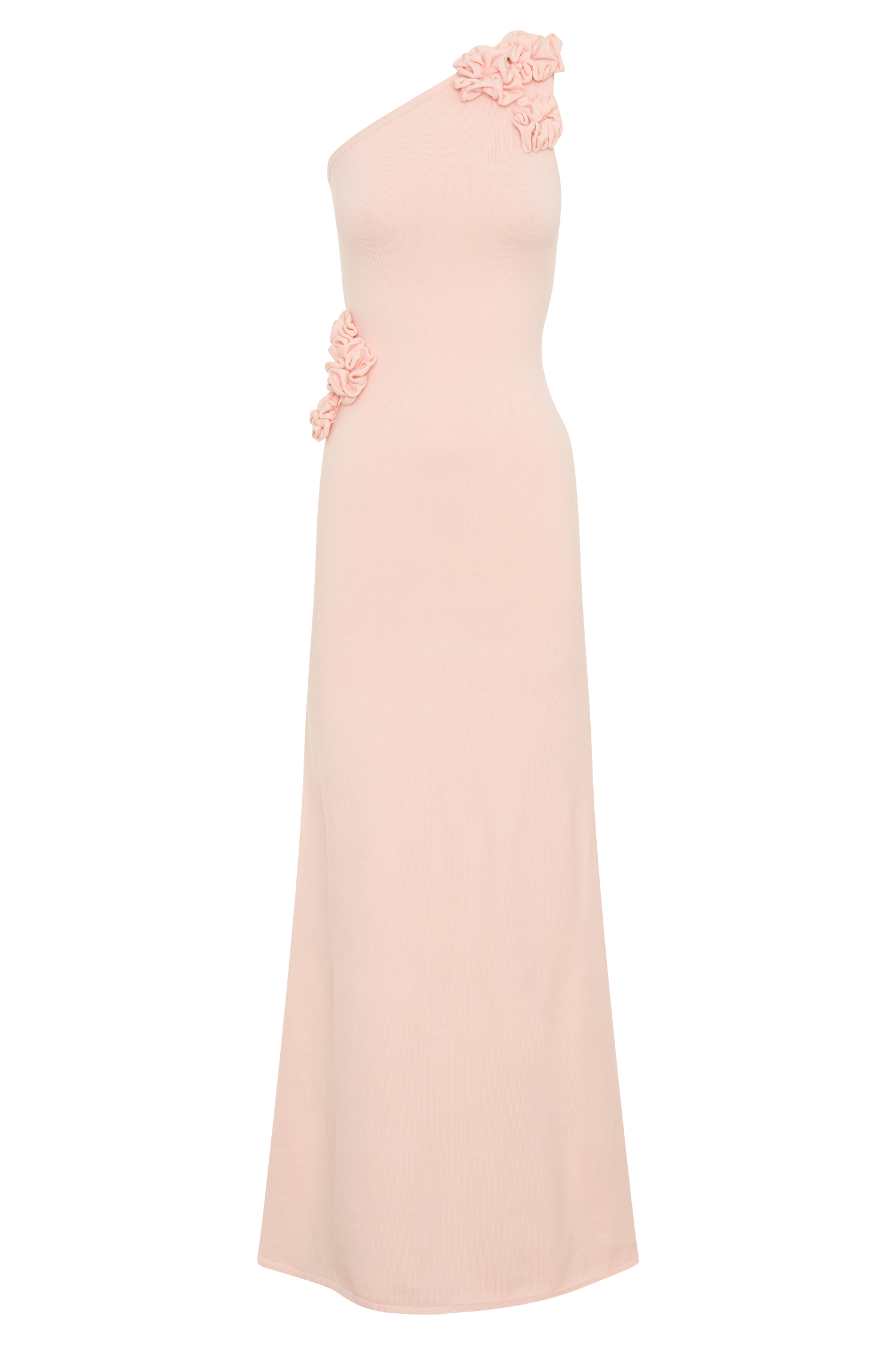 Woman wearing pale pink one-shoulder knit maxi dress, back view against neutral background — Meshki | Endless UAE