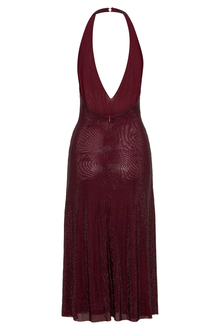 Burgundy crystal-embellished halter neck midi dress with plunging neckline and figure-skimming silhouette — Meshki | Endless UAE